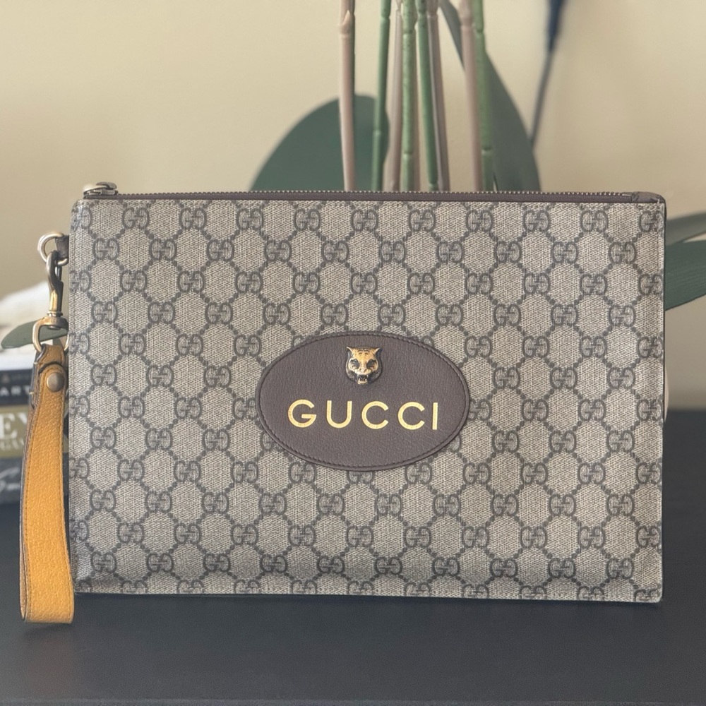 Gucci Brown GG Monogram Wristlet with Gold Logo and Yellow Strap